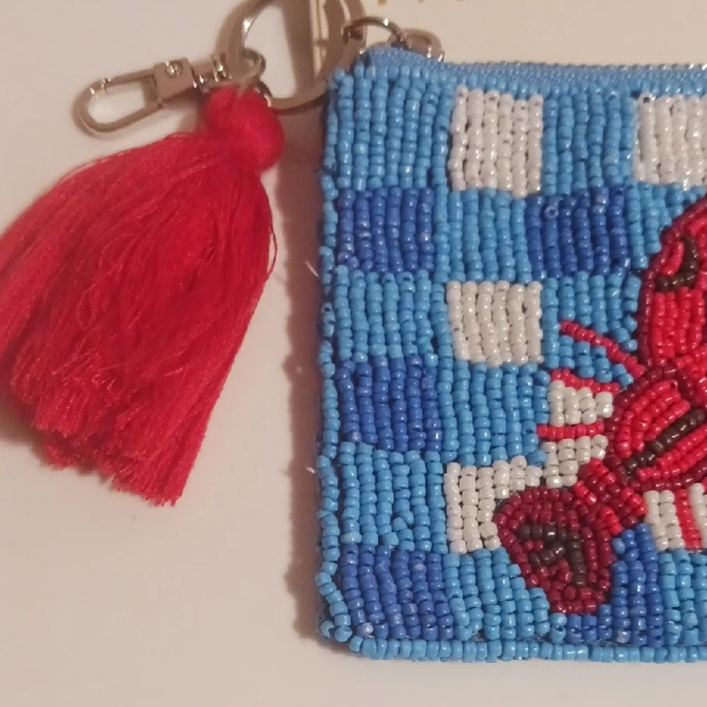 Gorgeous! Blue Beaded Gingham Check Lobster Coin Purse with Red Tassel 🦞⚜️🦞⚜️ - Picture 6 of 9